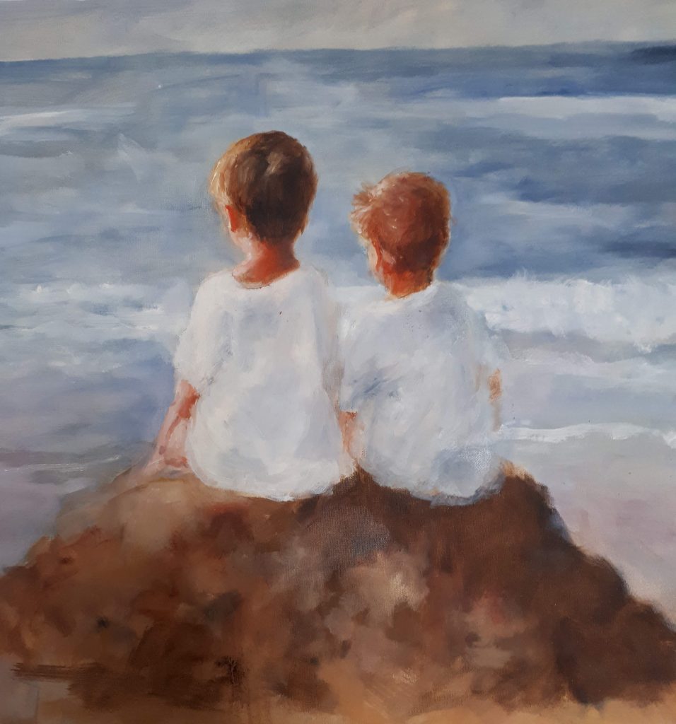 Carla Klein Goldewijk schilderij ‘2 peuters op zandberg op strand olieverf’