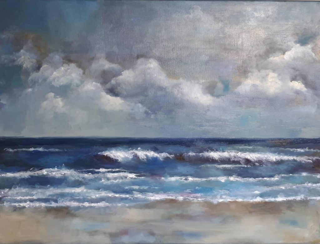 Carla Klein Goldewijk schilderij ‘Zee, strand en wolken olieverf’