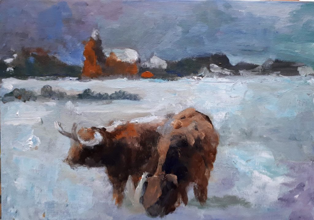 Carla Klein Goldewijk schilderij ‘Winterlandschap met koeien olieverf’