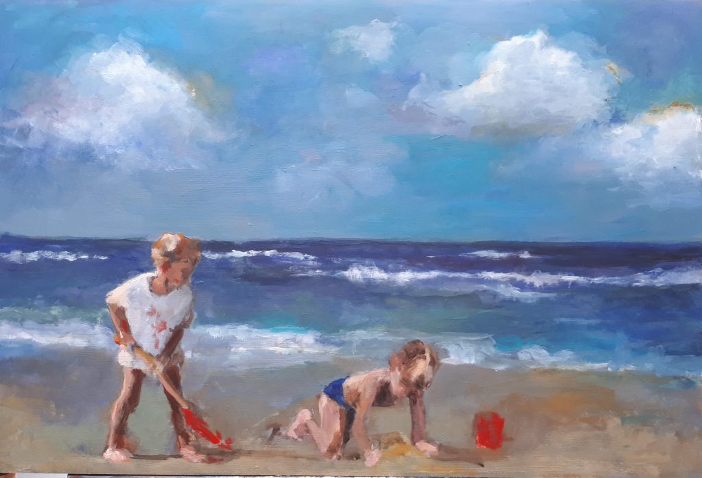 Carla Klein Goldewijk schilderij ‘Spelende kinderen op strand acryl’