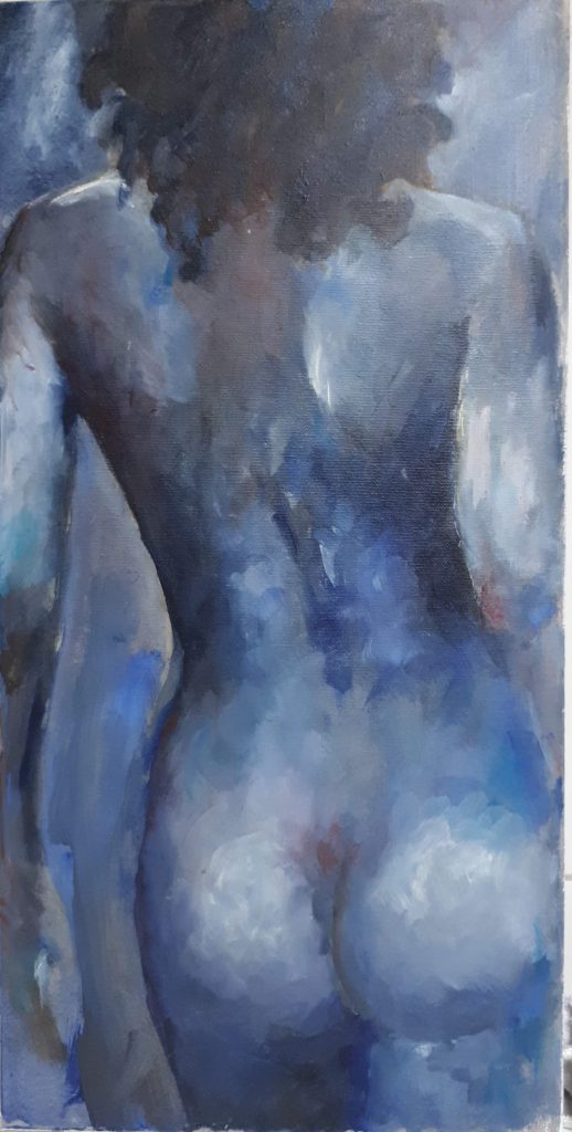 Carla Klein Goldewijk schilderij ‘Rugnaakt in blauw olieverf’